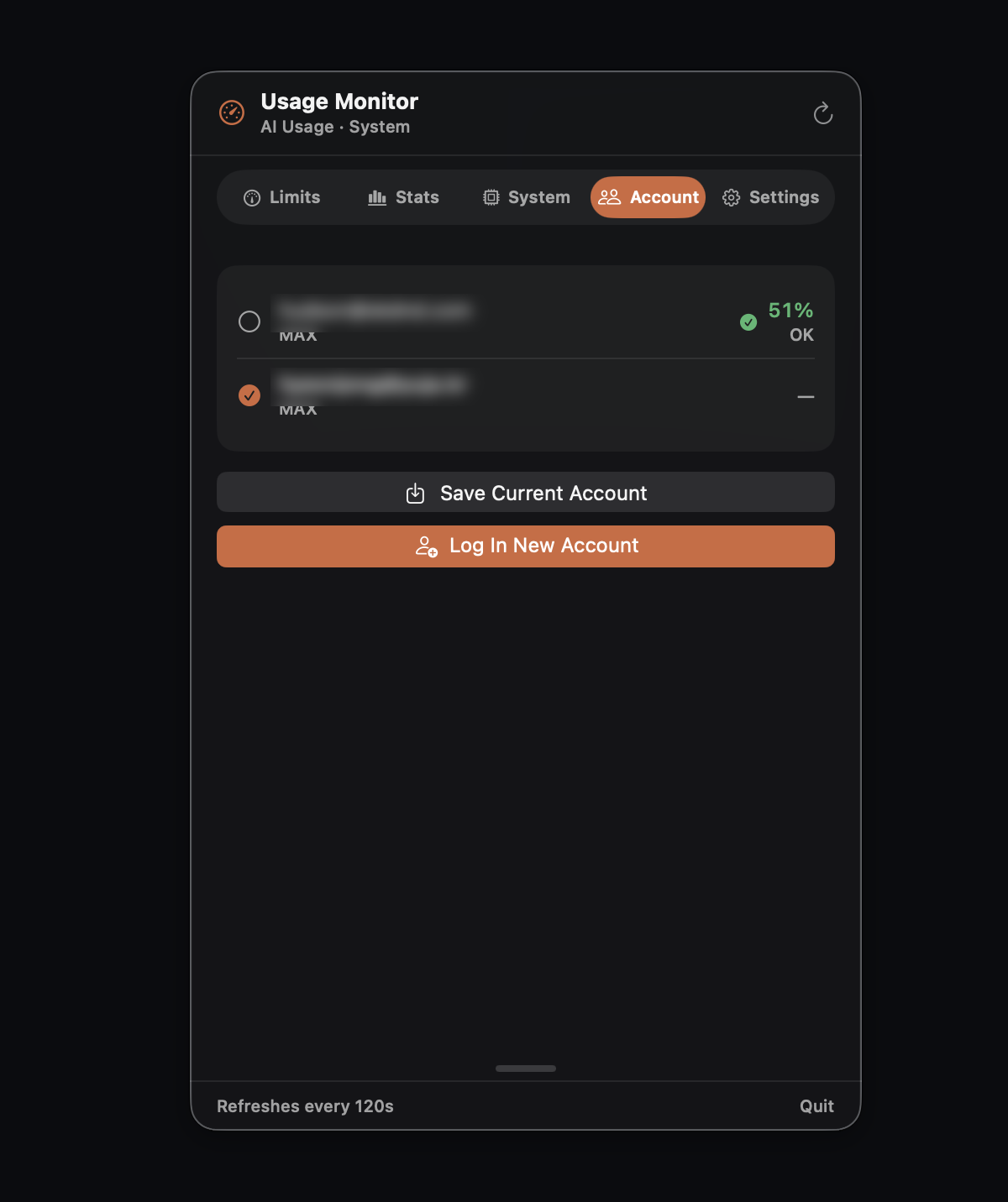 Usage Monitor Accounts tab — one-click switching between saved accounts with per-account weekly usage.
