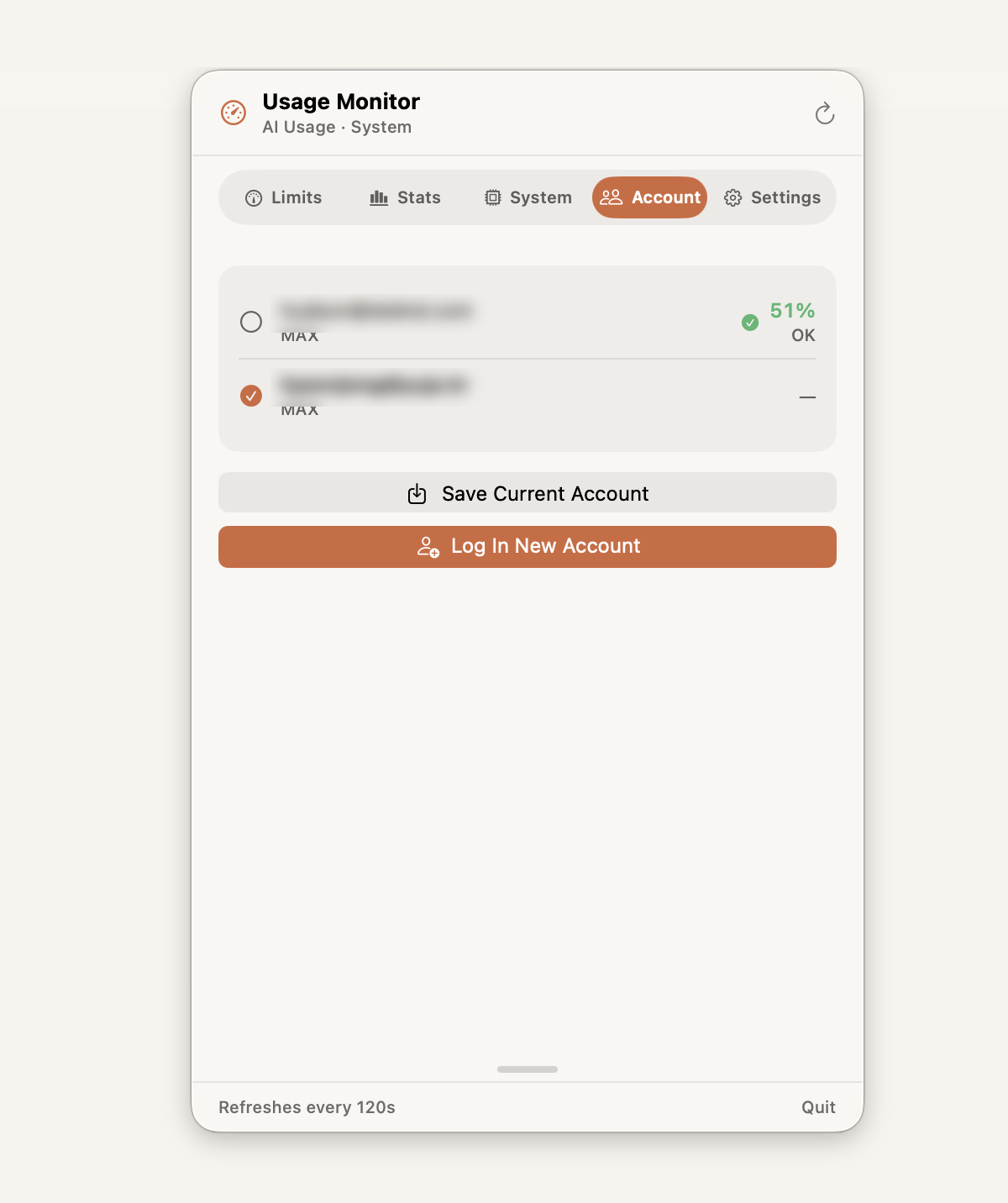 Usage Monitor Accounts tab (light) — one-click switching with per-account usage.