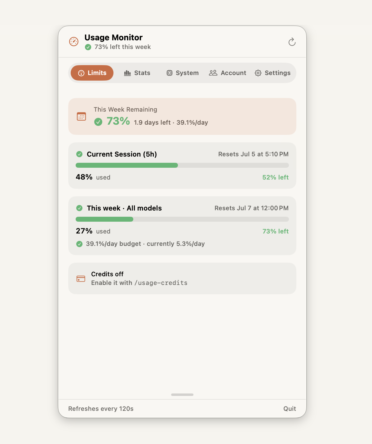 Usage Monitor menu bar dropdown (light) — Limits tab.