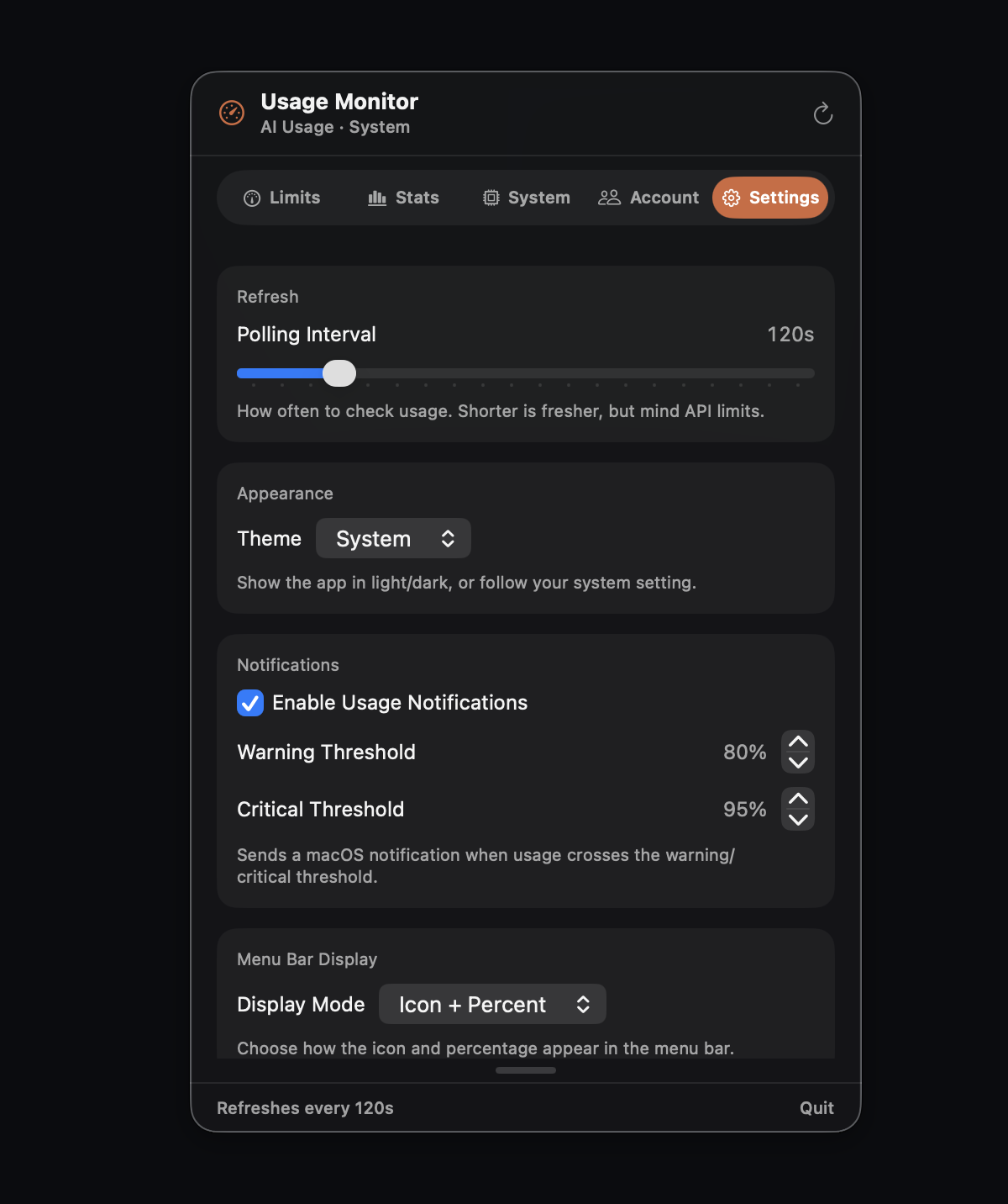 Usage Monitor Settings tab — polling interval, light/dark theme, notification thresholds, and menu bar display.