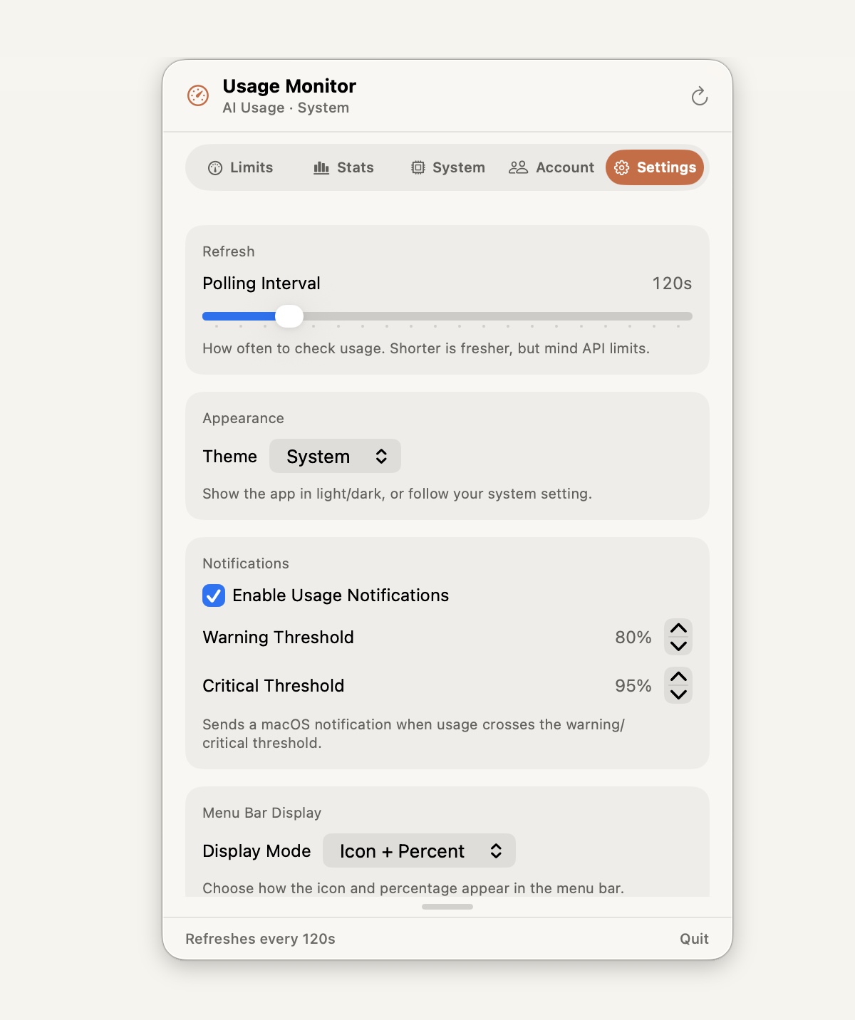 Usage Monitor Settings tab (light) — polling, theme, thresholds, and menu bar display.
