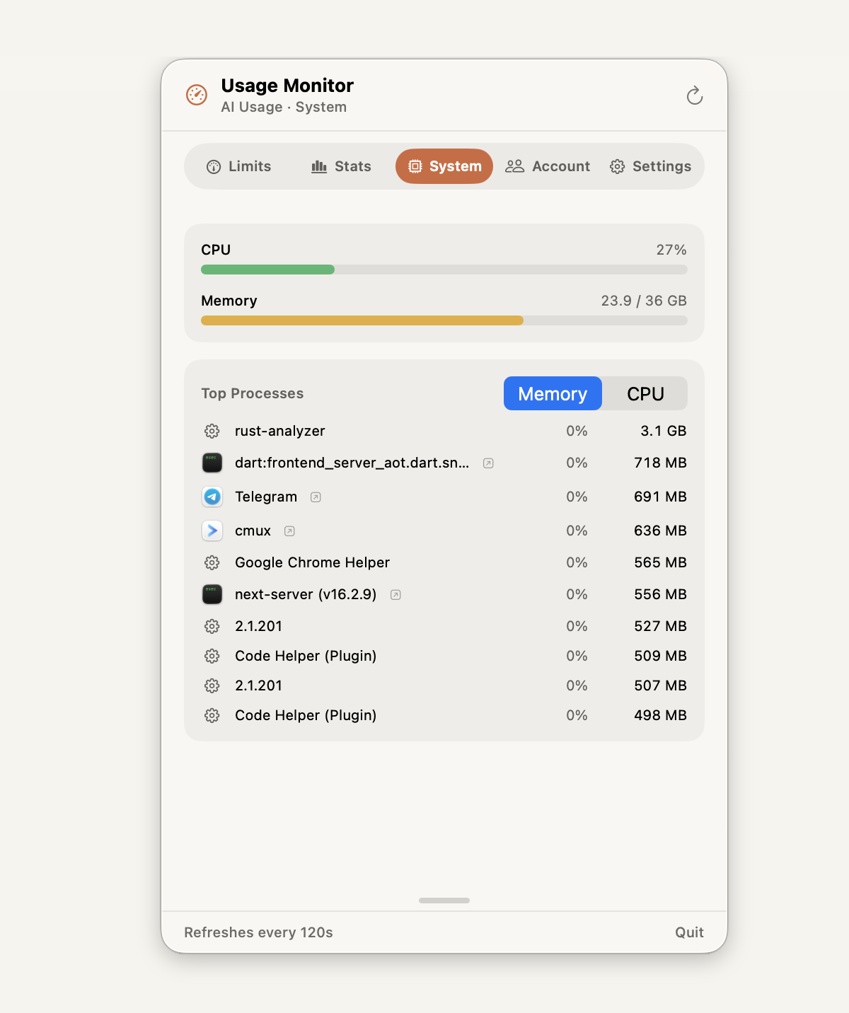 Usage Monitor System tab (light) — CPU, memory, and top processes.